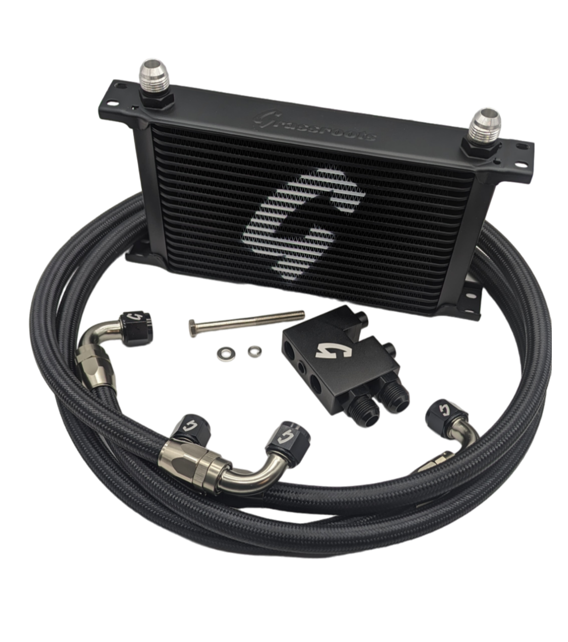 side angle view of BMW E82/E90/E92/E93 N54 Direct-Fit 19-Row Oil Cooler Kit